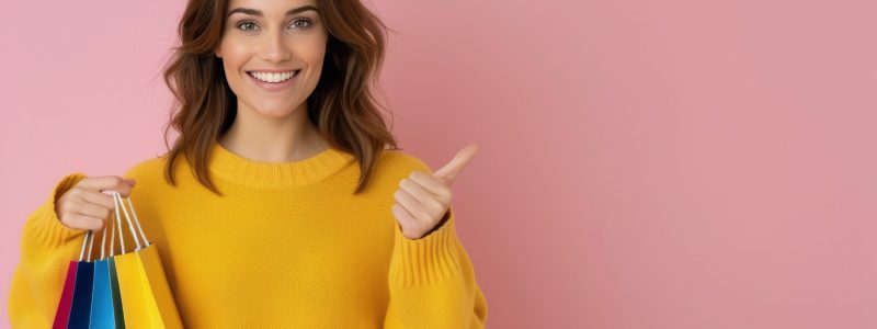 A smiling woman in a yellow sweater holds colorful shopping bags and points to the right with her thumb. She is standing in front of a pink background.